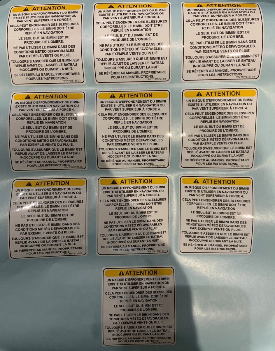 Bimini Warning Sticker Sheet (10) for F42/F46 in French