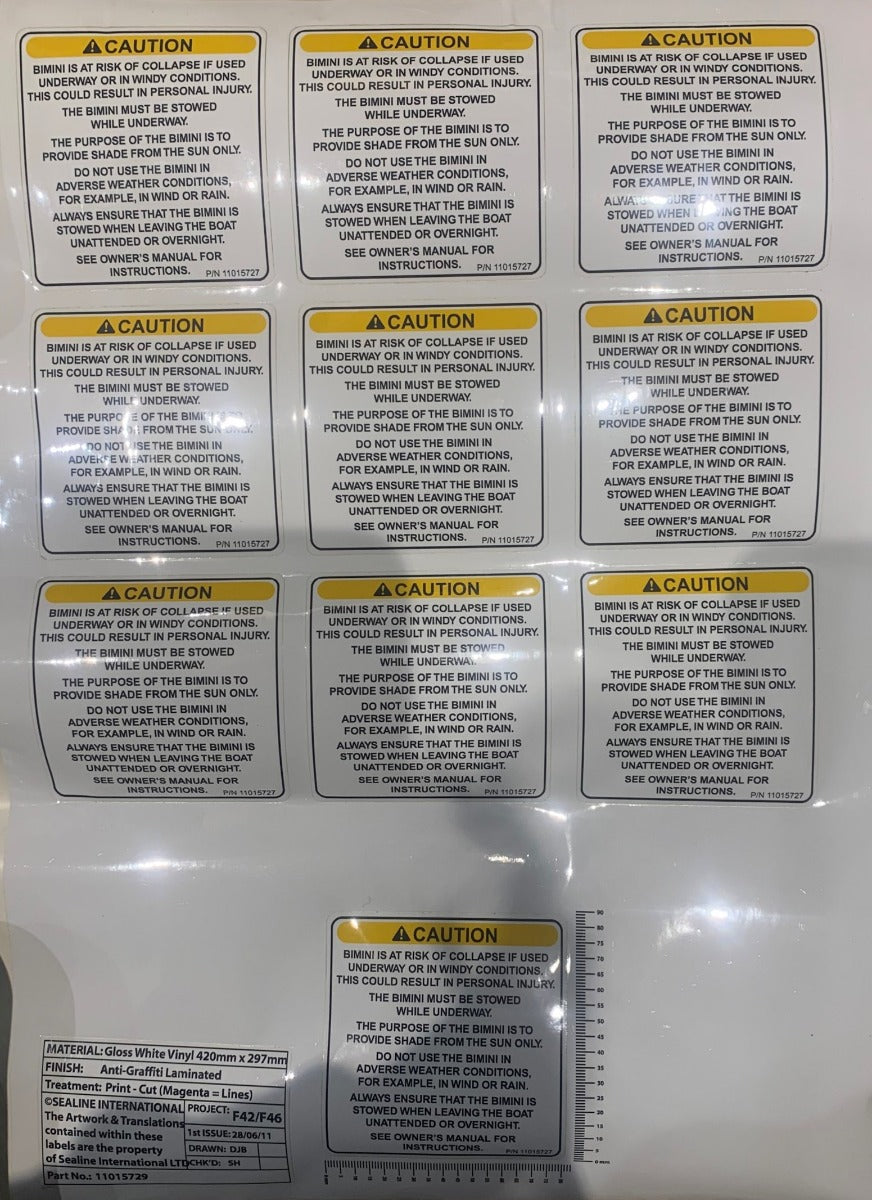 Bimini Warning Sticker Sheet (10) for F42/F46 in English