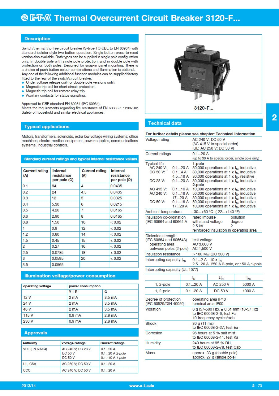 20AMP BREAKER 3120-F511-P7T1-W01DT-20A