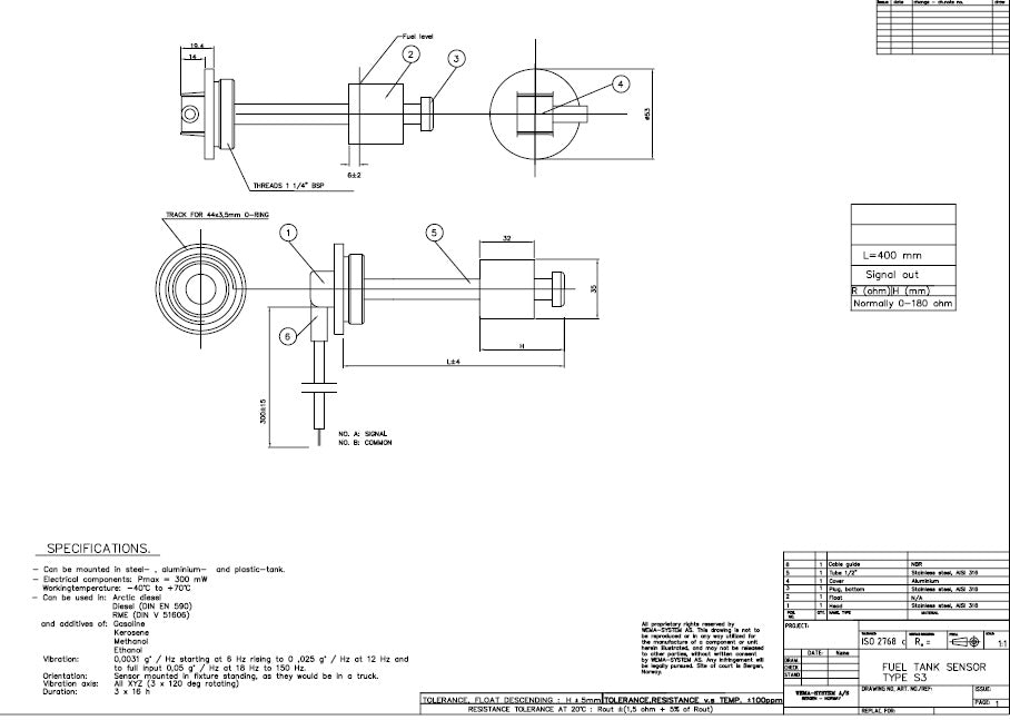 Wema S3 Fuel and Water Sender (Various Lengths)